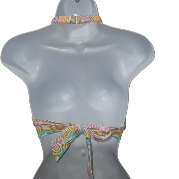 Roxy Women's Medium Rainbow Stripe Halter Bikini Top Triangle Cups Back Logo - Picture 4 of 10